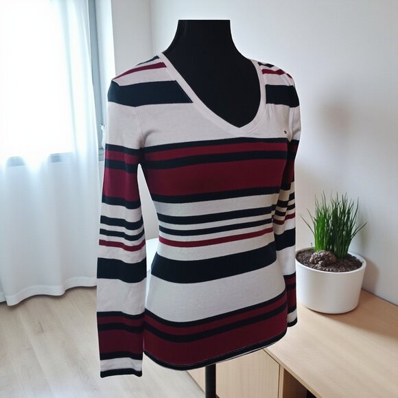 Tommy Hilfiger Women’s Long Sleeve V-Neck Striped Top Size S  Striped - Picture 1 of 11
